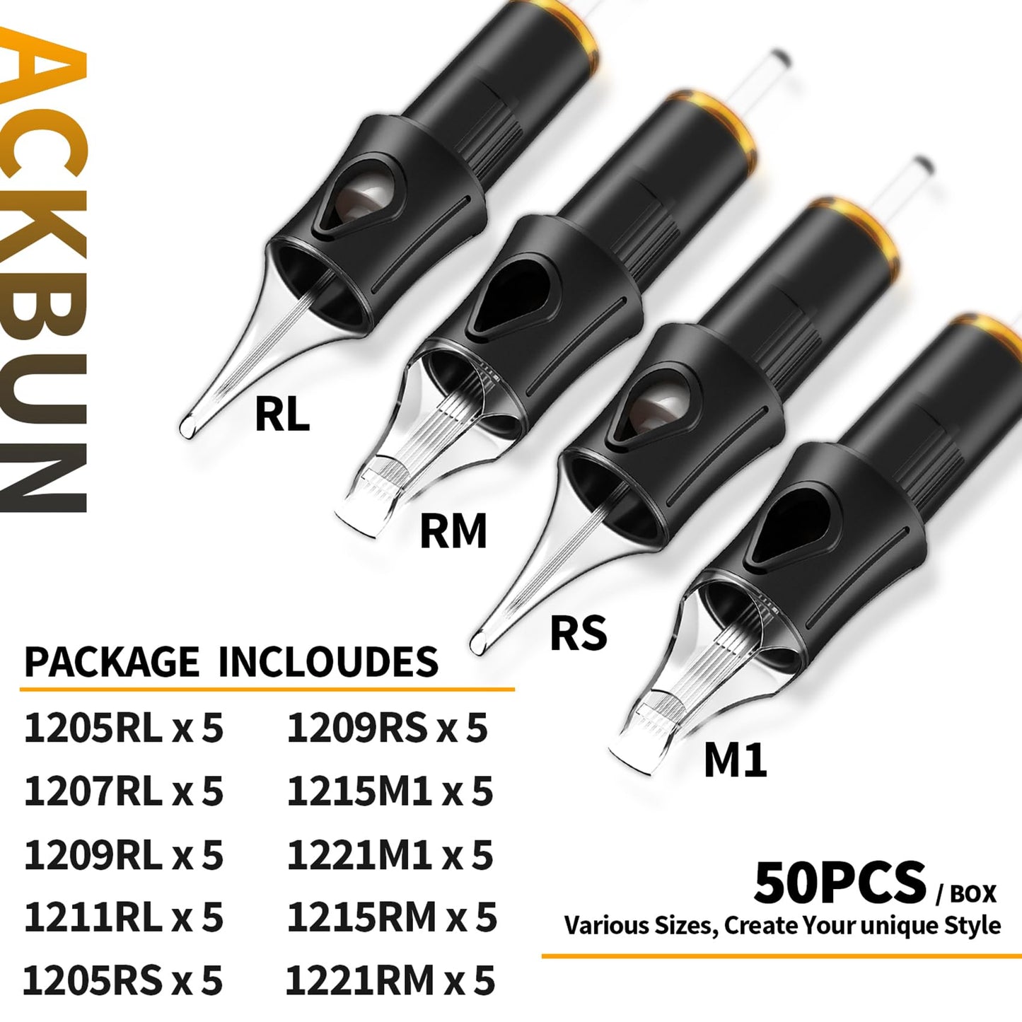 Ackbun 50 Assorted Tattoo Cartridge Needles Mixed Size #12 Standard Round Liner Shader Magnum - 5Pcs each of 5RL, 7RL, 9RL, 11RL, 5RS, 9RS, 15M1, 21M1, 15RM, 21RM Pro Disposable Tattoo Needles