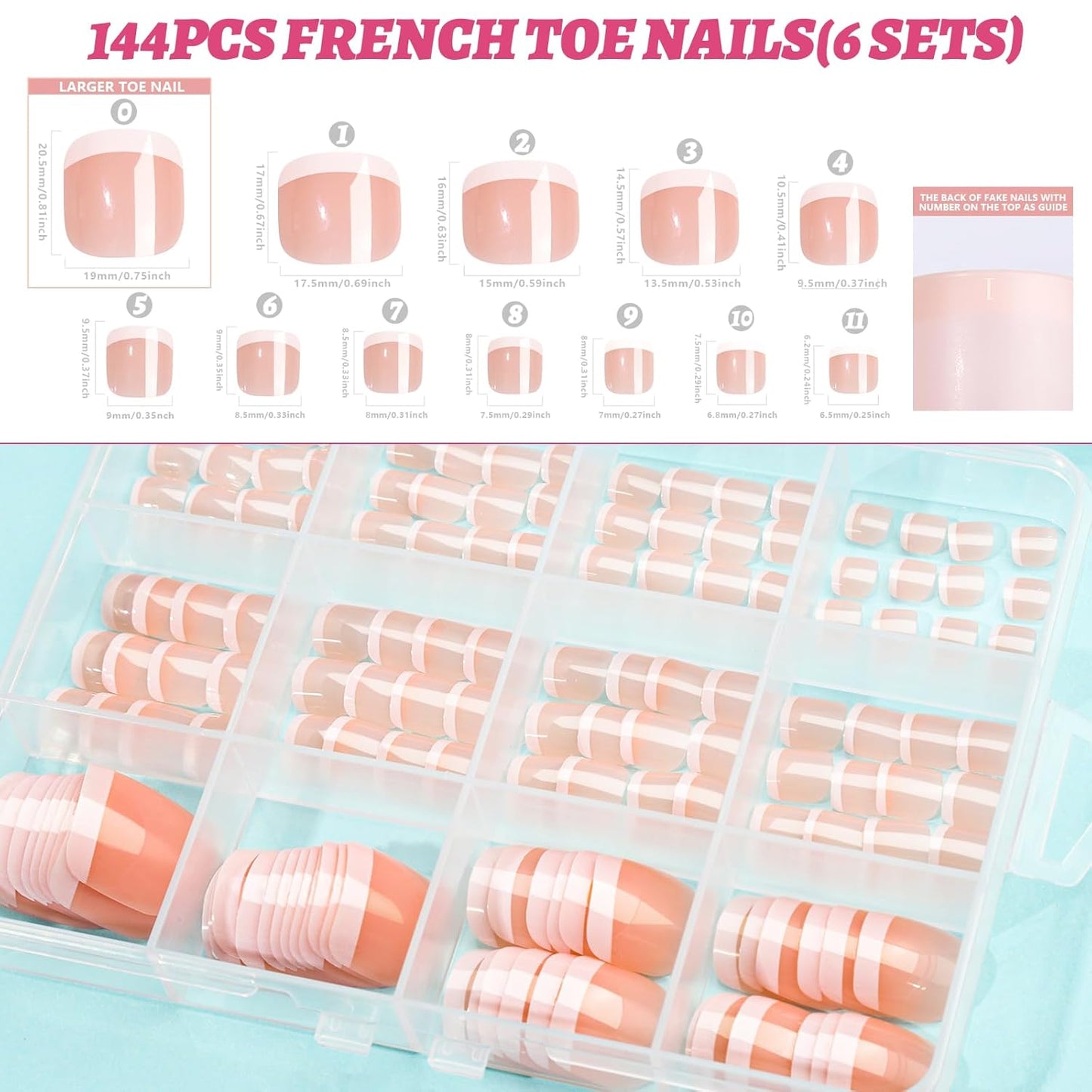 Teenitor Press-On Toenails - 144 Pcs French Tip Sets for Women | Easy Glue-On Fake Toe Nails