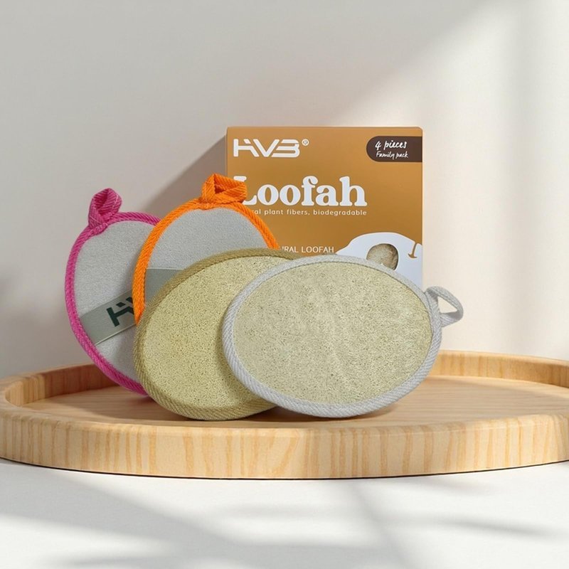 HVB Natural Loofah Exfoliating Bath Sponge, Made from Natural loofah, Unisex, Suitable for Both Facial and Body Cleansing – Pack of 4 (1 Box)