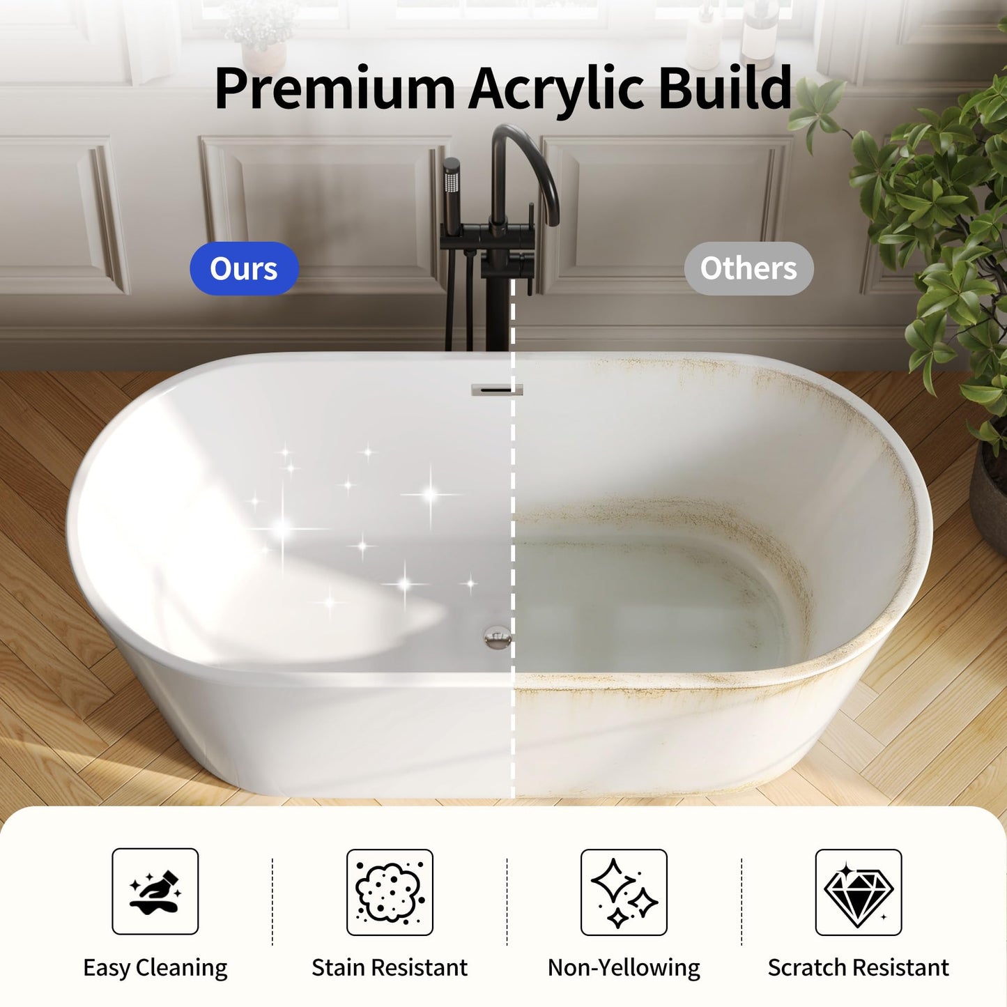 DeerValley 67" Acrylic Freestanding Bathtub, Deep Soaking Tub with Center Drain & Integrated Overflow, White Free Standing Tub, Stand alone Shower Tub with Ergonomic Design, DV-1T133S