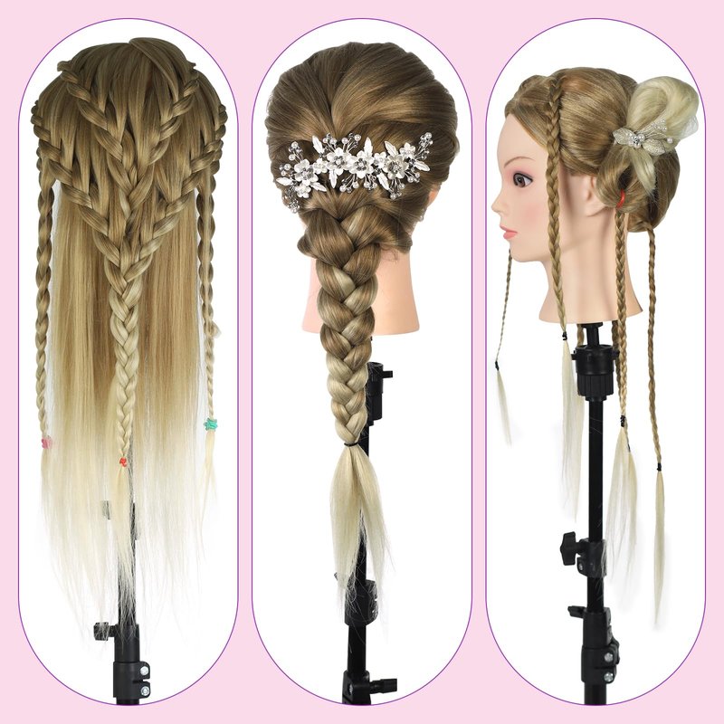 Mannequin Head with Hair with Tripod Stand - 28" Cosmetology Mannequin Head with Stand, Doll Head for Hair Styling Braiding Practice Manikin Head with Tripod Set, Ombre Golden