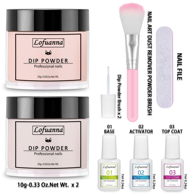 Lofuanna Dip Powder Nail Starter Kit - 2 Colors With Base Top Coat Activator, No UV/LED Needed, 9Pcs DIY French Nail Art Manicure Set for Beginners (Pink Set)