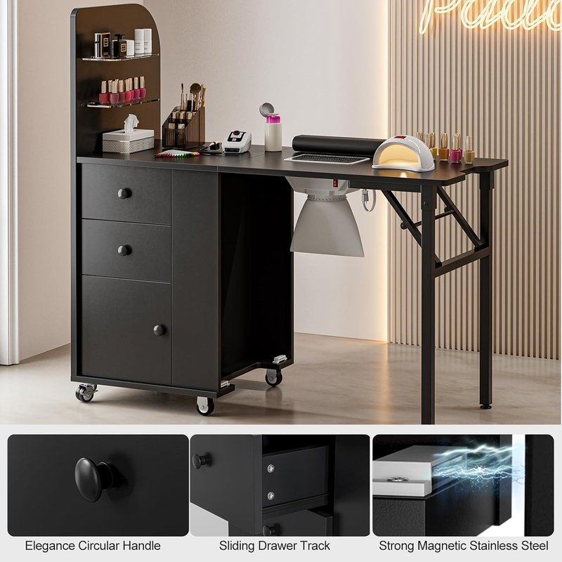 Skiennix Foldable Nail Desk - Portable Manicure Table with Dust Collector & Storage | Lockable Wheels