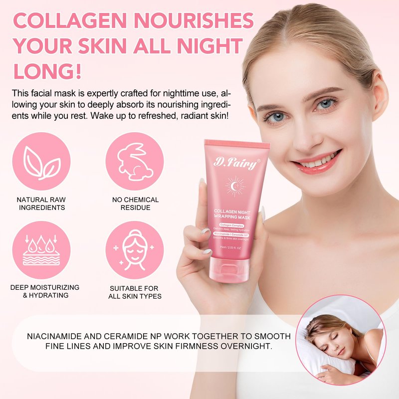 D.Fairy Collagen Overnight Wrapping Peel Off Facial Mask Pack - Collagen Night Wrapping Mask - Hydration Care - Reduces Sagging & Dullness - Hydrolyzed Collagen For Glowing Skin, 2.53 fl.oz