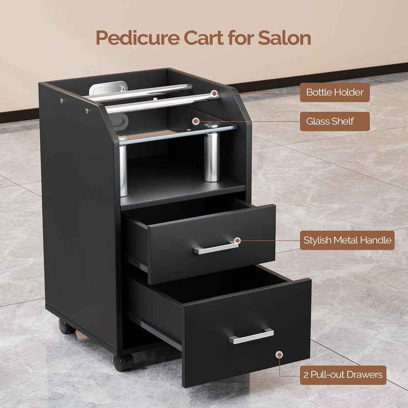 OmySalon Pedicure Cart - Portable Foot Bath Trolley with Storage Drawer & Locking Wheels | Black
