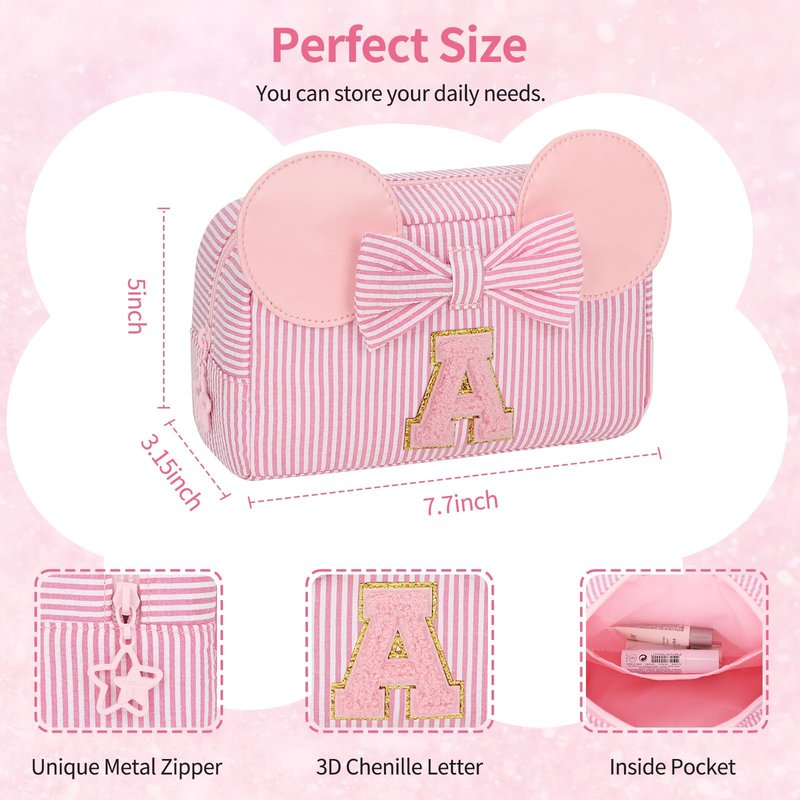 Initial Makeup Bag for Girls, Cute Makeup Bag Small Cosmetic Bag Travel Make Up Organizer Pouch, Birthday Gifts for Girls 4 5 6 7 8 9 10 11 12 13 14 15 Years Old, Teen Girls Gifts Trendy Stuff