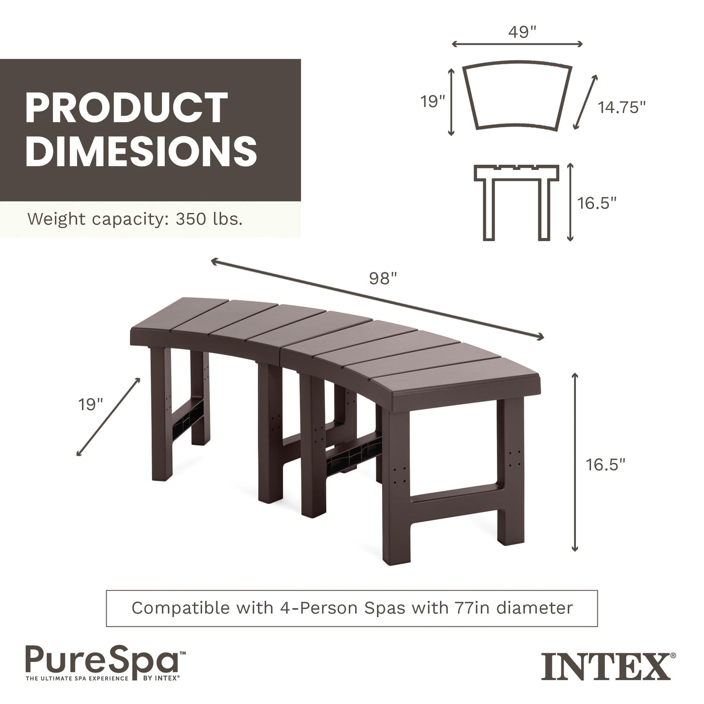 Intex 28514E 2 Medium PureSpa Accessories Benches, Compatible w/ 4 Person Spas, Combines to Create A Larger Bench, Flat Storage, 350 Pound Capacity