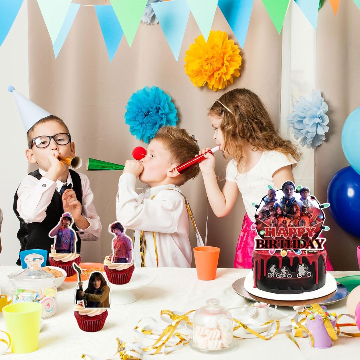 Stranger Things | 13 Pcs Cake Decoration Set - 12 Cupcake Toppers & Happy Birthday Topper for Themed Parties