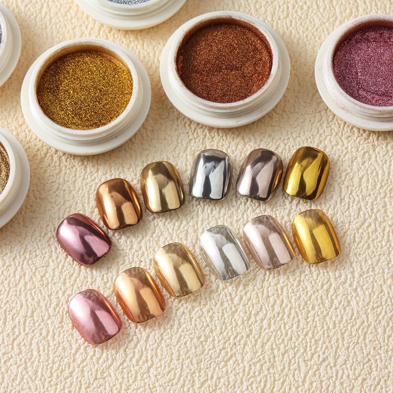 Chrome Nail Powder Set - 6PCS Metallic Mirror Pigment for Holographic Nail Designs | Rose Gold, Silver, Champagne