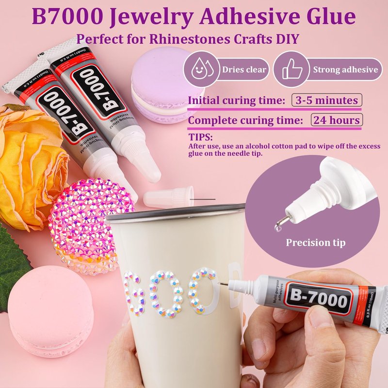Resin Jelly Rhinestones for Crafting with B7000 Jewelry Glue, 1 Box White AB Flatback Crystal with 3Pcs 10ml Glue, Bedazzling Non Hotfix Gems for DIY Tumblers Clothing Shoes Manicure