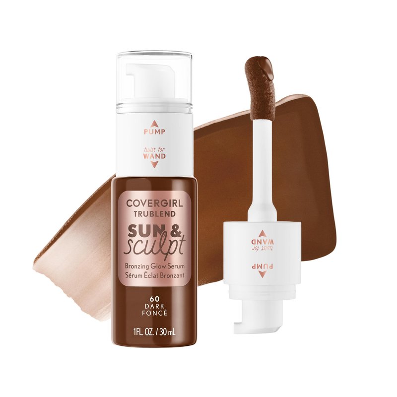 COVERGIRL TruBlend Sun & Sculpt Bronzing Glow Serum, Buildable, Radiant Glow, Wand and Pump Applicator - 60 Dark