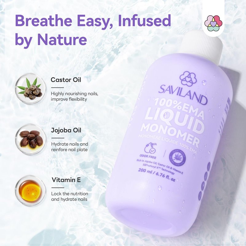SAVILAND EMA Monomer Acrylic Nail Liquid Set: 200 ml Non Yellowing Acrylic Liquid with 30 ml Ocean Breeze Monomer Odor Neutralizer Drops for Acrylic Powder Nail Art Home DIY & Salon Use