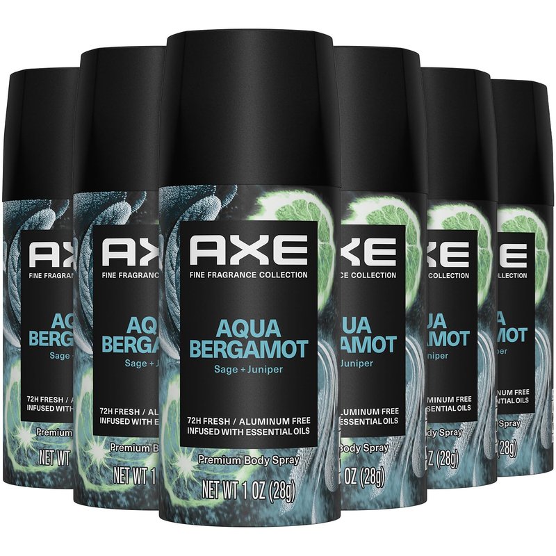 AXE Aluminum-Free Deodorant, Travel Size Body Spray, Aqua Bergamot 6 Pack – 72 Hour Odor Protection, Juniper + Sage, 1 Oz Each
