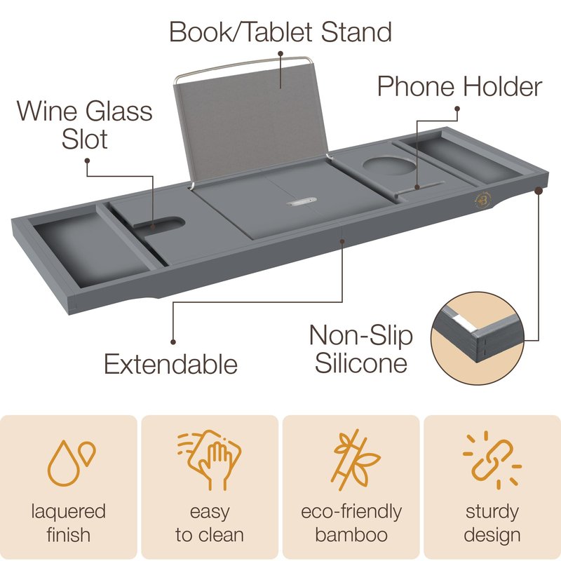 Bamboo Bathtub Tray Caddy - Expandable Wooden Bathroom Tray - Adjustable Bathroom Tray for Tub - Luxury Bath Caddy Tub Table - Gift Idea for Loved Ones (Grey)