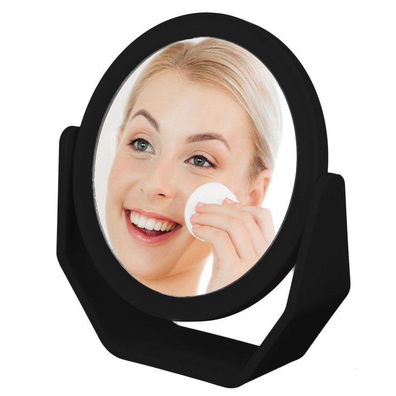EXPRESSIONS Black Soft Touch Rotating Makeup Mirror – 1x/2x Magnification | Round Vanity Mirror Handheld Tabletop & Travel | Small Magnifying Desk Mirror for Women – Compact