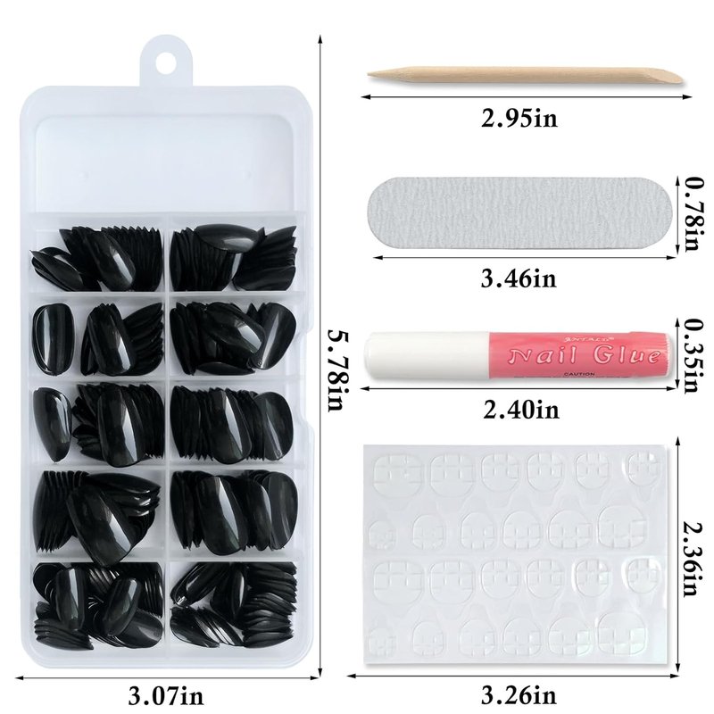 Almond Press On Nails - Short Black Full Cover Acrylic Tips | 240 Round Fake Nails with Adhesive for Women & Kids