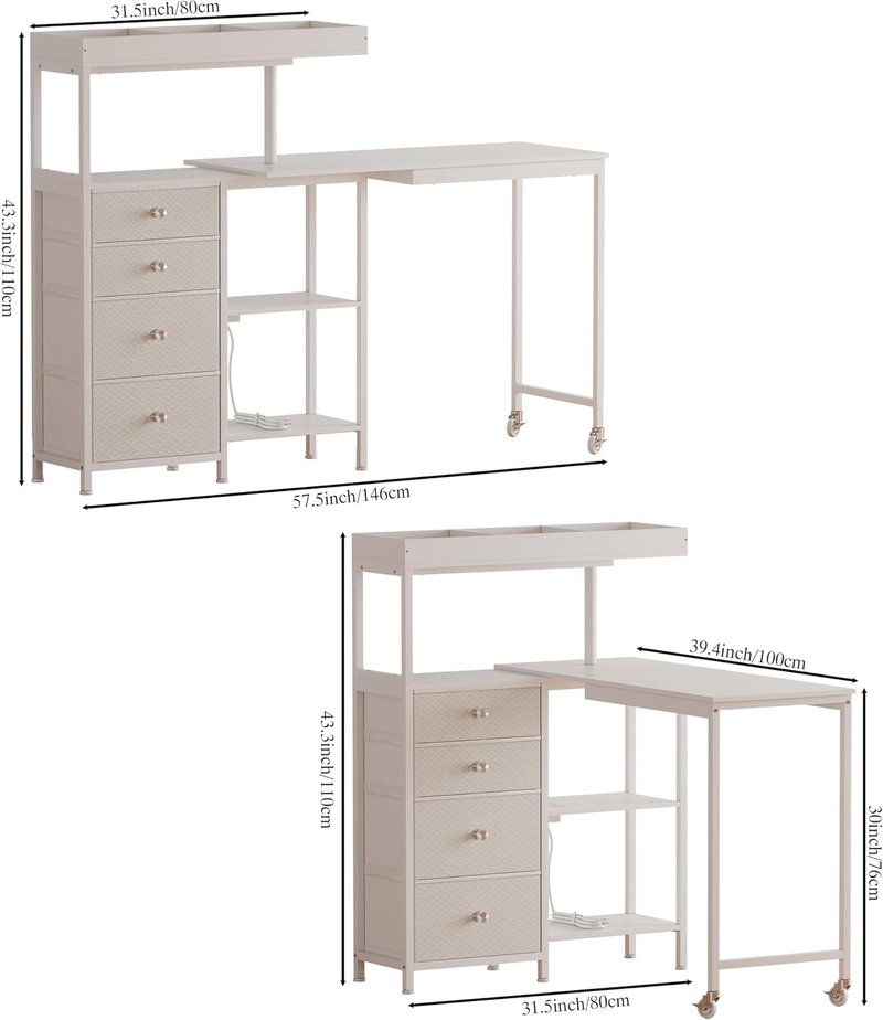 L-Shaped Manicure Table - Rotating Nail Workstation on Wheels with Charging Station | White with Storage Drawers & Shelves