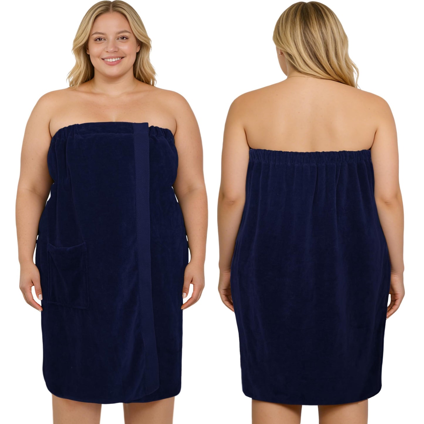 VOOVA & MOVAS Navy Blue Plus Size Wrap Towel with Pocket, 100% Cotton, LuxuryThick Absorbent Quick Dry Bath Wrap with Adjustable Snap-Closure and Elastic Top for Women Shower Spa