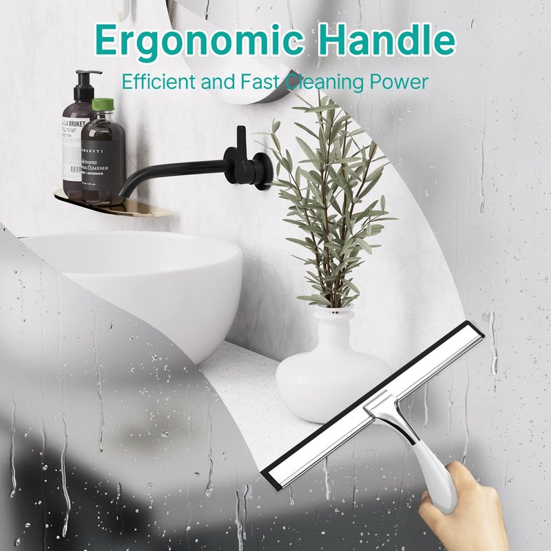 AmazerBath Shower Squeegee, Squeegee for Shower Glass Door, All-Purpose Car Window Squeegee for Shower Doors Tiles Mirror, Stainless Steel, Non-Slip Handle, Long Blade, 10 Inches