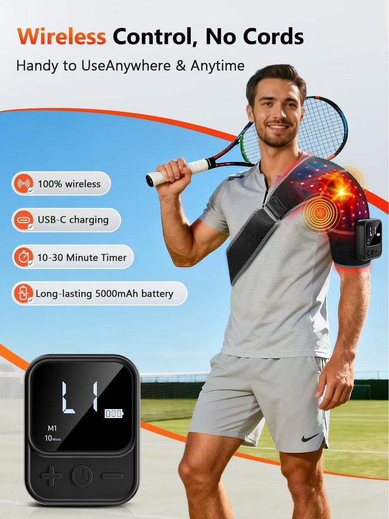 Red Light Therapy for Shoulder with Heat & Massage 5000mAh Cordless Near-Infrared Light Therapy Wrap, 216 Beads 660nm & 850nm Shoulder Brace for Men Women Portable Pad Last 90-380mins