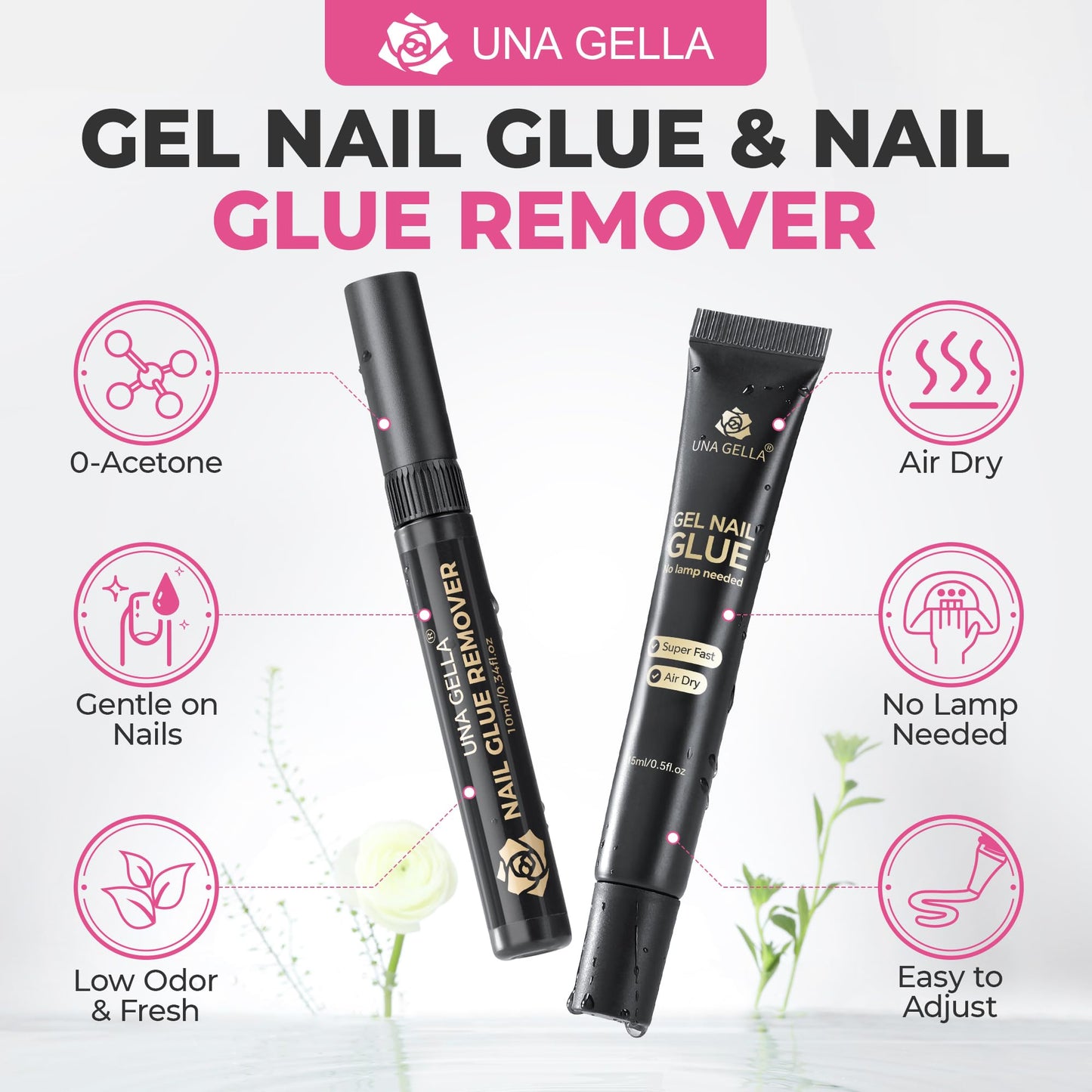 UNA GELLA 15g Semi Solid Nail Glue and 10ml Nail Glue Remover Kit for Press On Nails, No U V Light Needed Quick Dry Adhesive, Rotary Flow Control Debonder with Built-in Pry Bar Tip, 28+ Days Hold
