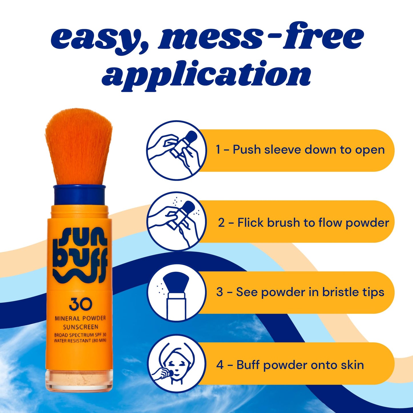 Sun Buff Powder Sunscreen Brush SPF 30 - Mineral Sunscreen for Scalp, Face, & Body - Water Resistant 80 Min | Brush On Powder, Zinc Oxide UVA UVB Protection, Travel Size 0.14oz, Made in USA
