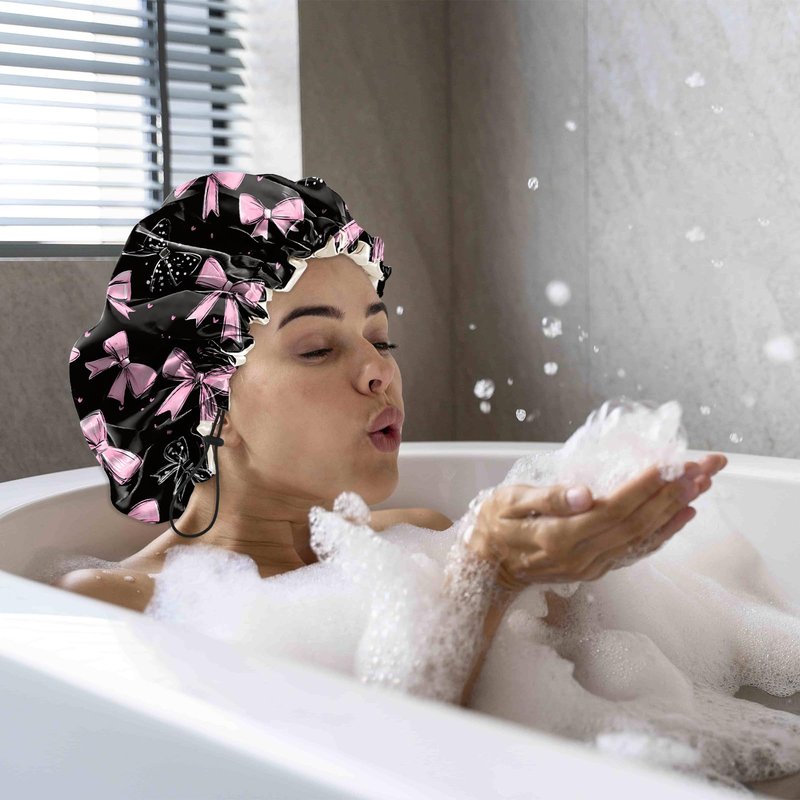 Cabreche Luxury Shower Cap Satin Silk Lined Adjustable Elastic Reusable Waterproof Shower Bath Cap Cute for Women Girls-Black Pink Bowknot