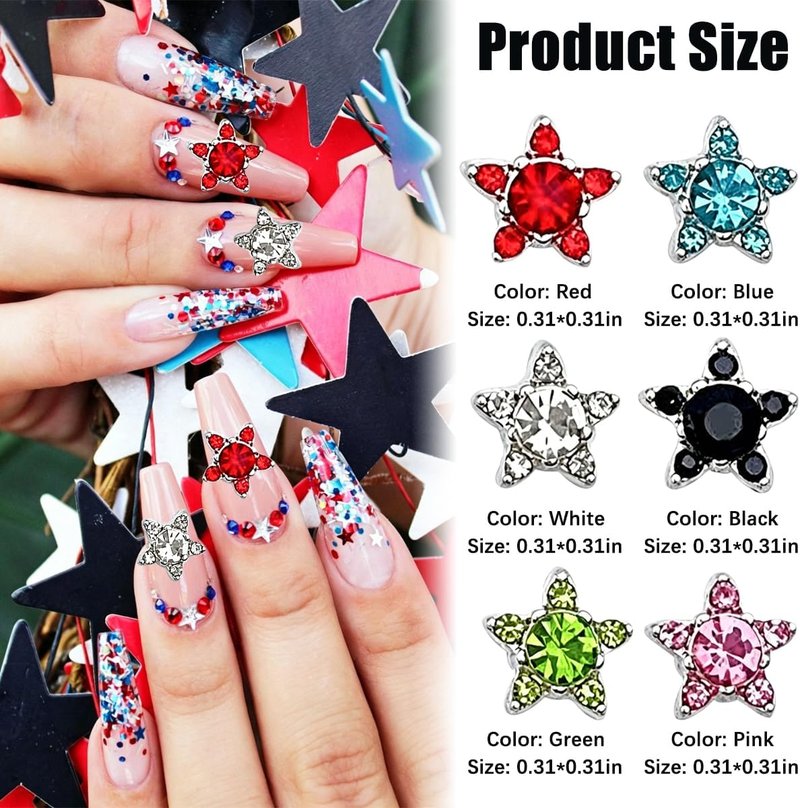 250th Anniversary Nail Charms - 24Pcs Red, White & Blue Star Rhinestone Gems for Patriotic Nail Art