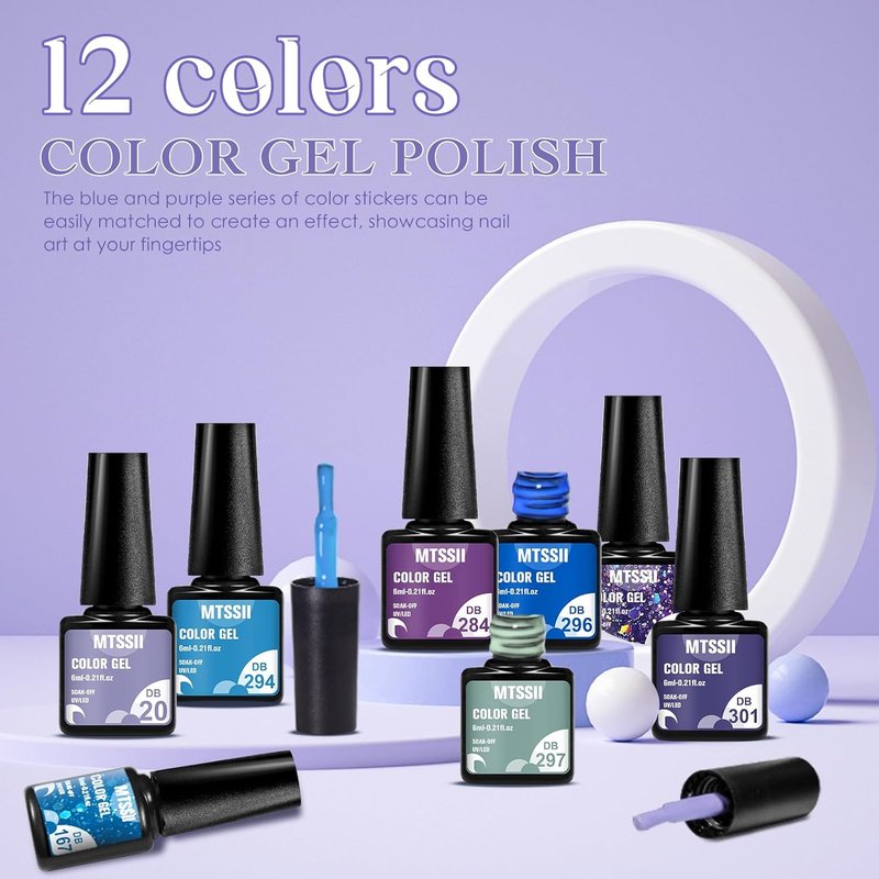 MTSSII Gel Nail Polish Set 12 Colors Blue Purple Gel Polish Kit Baby Blue Lavender Dark Purple Glitter Gel Nail Polish Aquamarine Mermaid Soak off Uv LED Gel Manicure DIY Nail Home