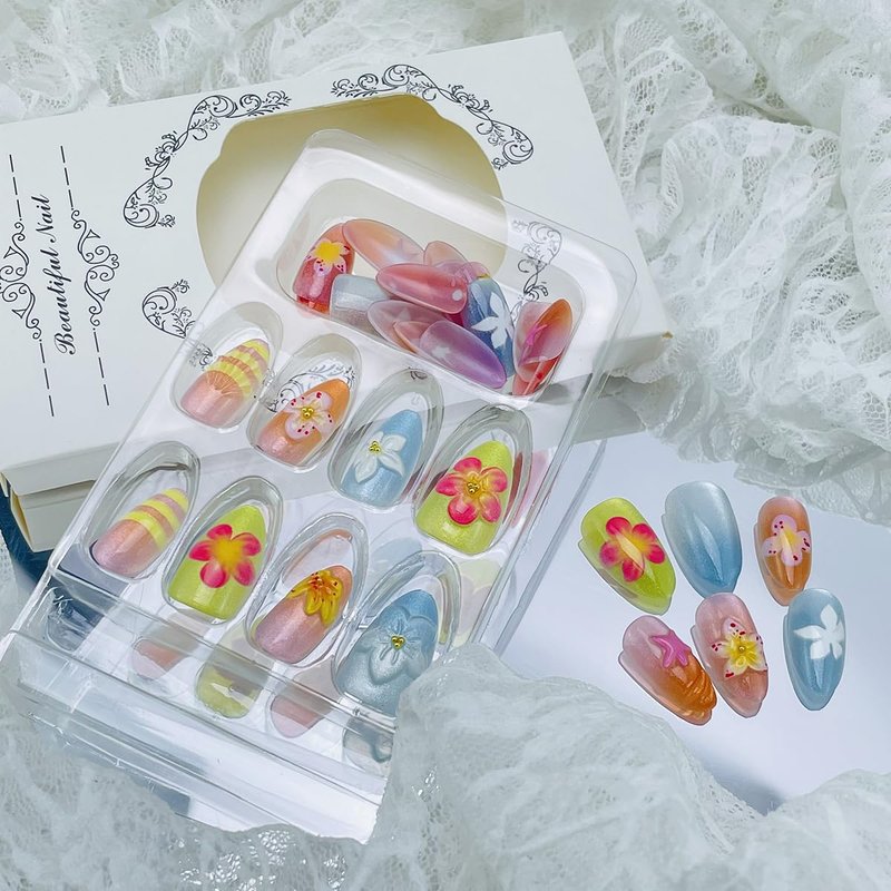 30Pcs Colorful Flower Press on Nails Short Almond Fake Nails with Gold Bead Starfish Designs Glossy Full Cover False Nail 3D Water Ripple Acrylic Nail Spring Summer Stick on Nails for Women Daily Wear