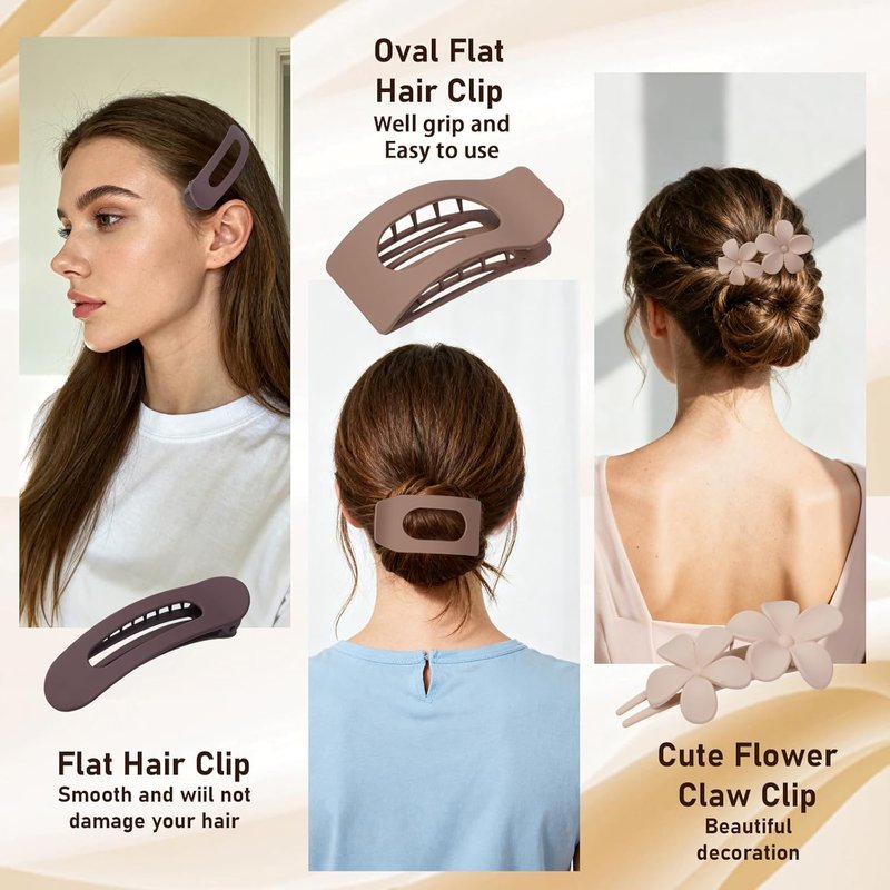 Flat Hair Clips for Women - 12 Pack Matte Neutral Square Claw Clips | Soft Touch Barrettes & Flower Pins in Black, Blonde, Brown