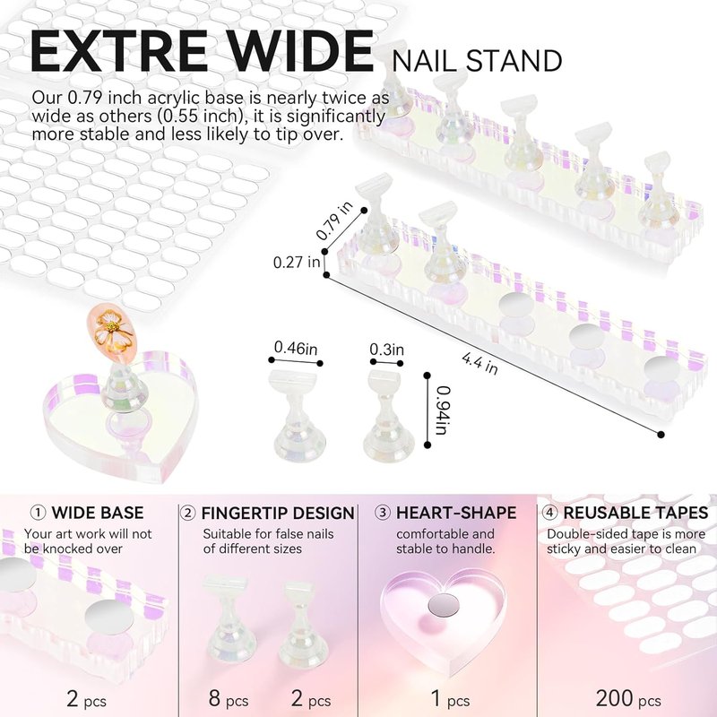 Aurora Nail Stand - Strong Magnetic Holder Kit for Press-On Acrylic Nails | 200PCS Double-Sided Tape & Heart-Shaped Display (Medium)