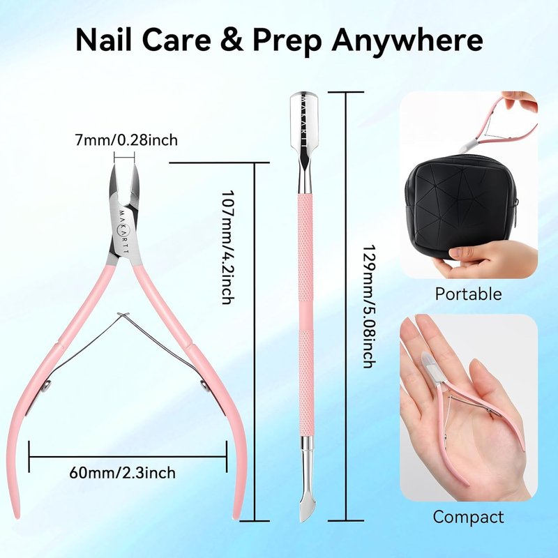 Makartt Cuticle Trimmer & Pusher - Ergonomic Stainless Steel Nipper with 7mm Blade & Dual-Ended Tool in Pink