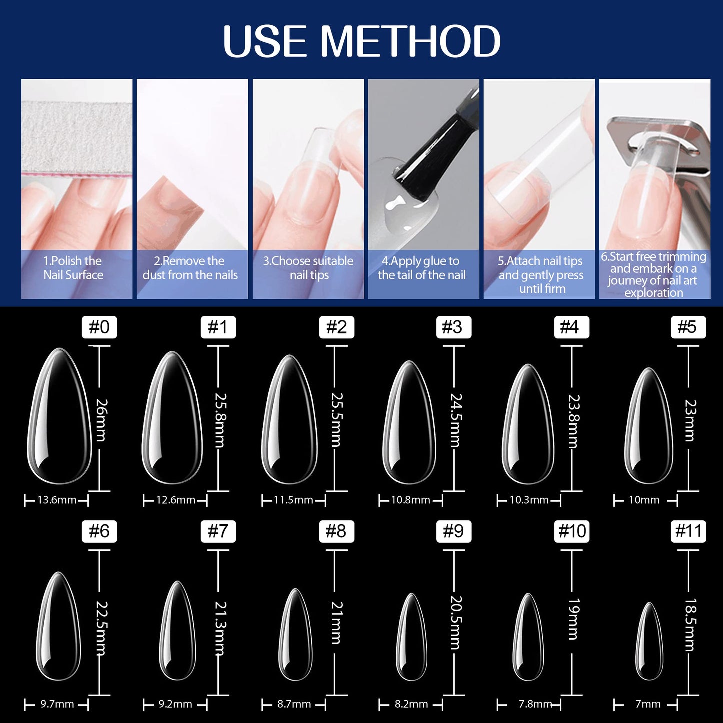 UNA GELLA Almond Fake Gel Nail Tips, 216pcs Medium Almond Pre Shaped Nails Tips for Long-Lasting Acrylic Nails, Perfect for DIY At Home French Style Nail Salon 12 Sizes