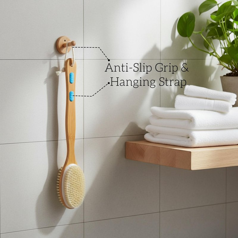Back Scrubber for Shower, Bath Brush with Long Handle, Double-Sided Bamboo Body Brush for Wet or Dry Brushing, Exfoliating Bath Brush with Firm & Soft Bristles for Men & Women, 17.3 Inch