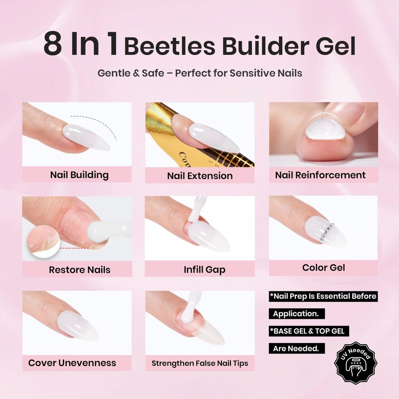Beetles Builder Gel for Nails HEMA-Free,0.5 oz 8 in 1 White Glitter Builder Nail Gel,for Thickening Apex Building Strengthener Extension, LED UV Lamp Galaxy Whispers Color DIY Salon for Begginer