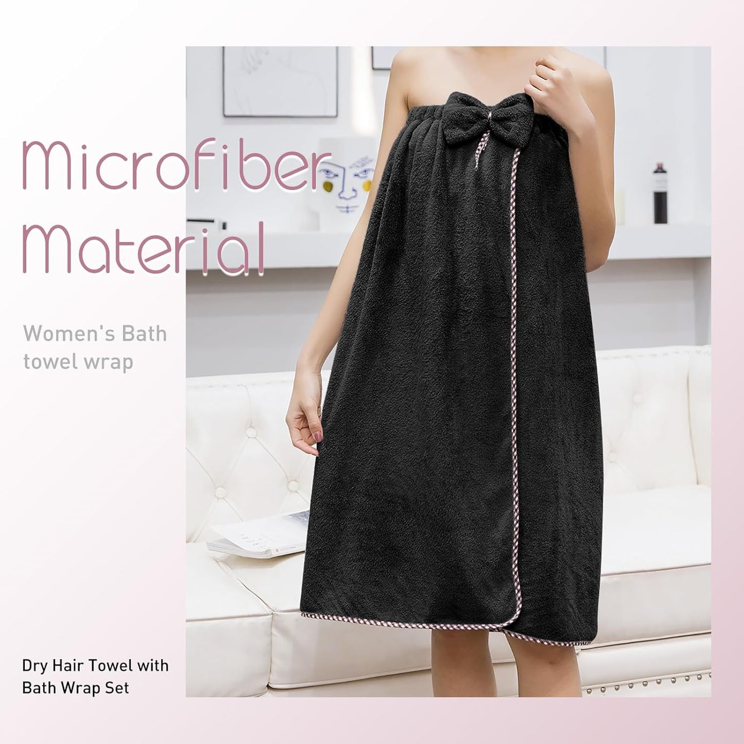 Women’s Microfiber Bath Towel Wrap - Adjustable & Quick-Drying Hair Drying Towel | Absorbent for Gym, Beach, Spa, Sauna - Black