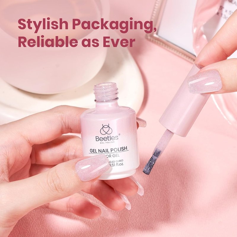 Beetles Glitter Pink Gel Nail Polish - 15ML Full Size Soft Glow Fragments Pink Nude Natural Glitter Gel Polish Soak Off UV French Nail Art Salon DIY Manicure Colorful Bottle Gift for Women