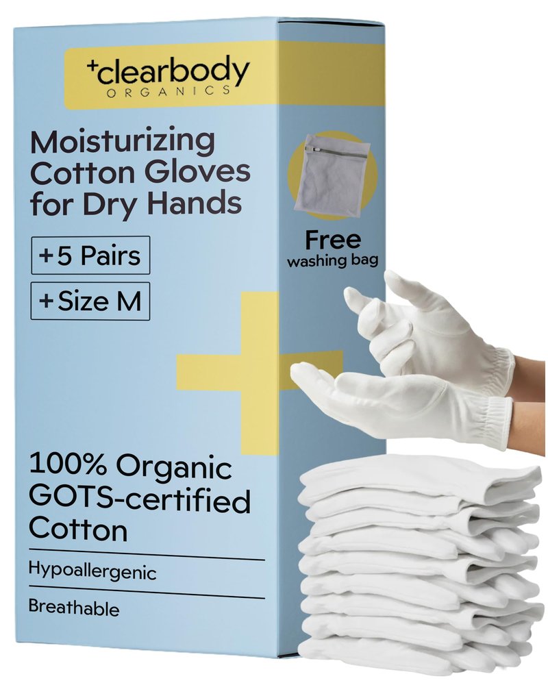 Clearbody Organics 100% Organic Cotton Gloves for Dry Hands Sleeping - Breathable Cotton for Eczema - Moisturizing Gloves Overnight (5 Pairs, Size M)