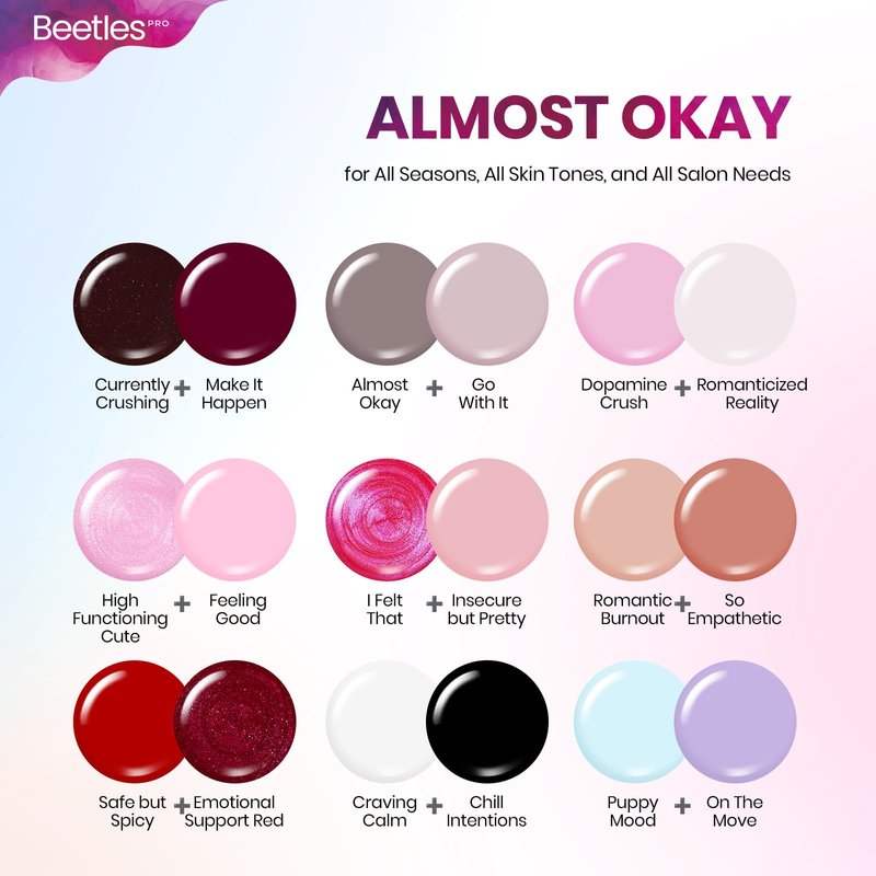 Beetles PRO Summer Gel Polish - Almost Okay Collection, 18 Colors 15ml Salon Polish Set with Base Coat, Glossy & Matte Top Coats, 6 Painting Gel For Nails Tools, UV Nail Lamp Cure Needed