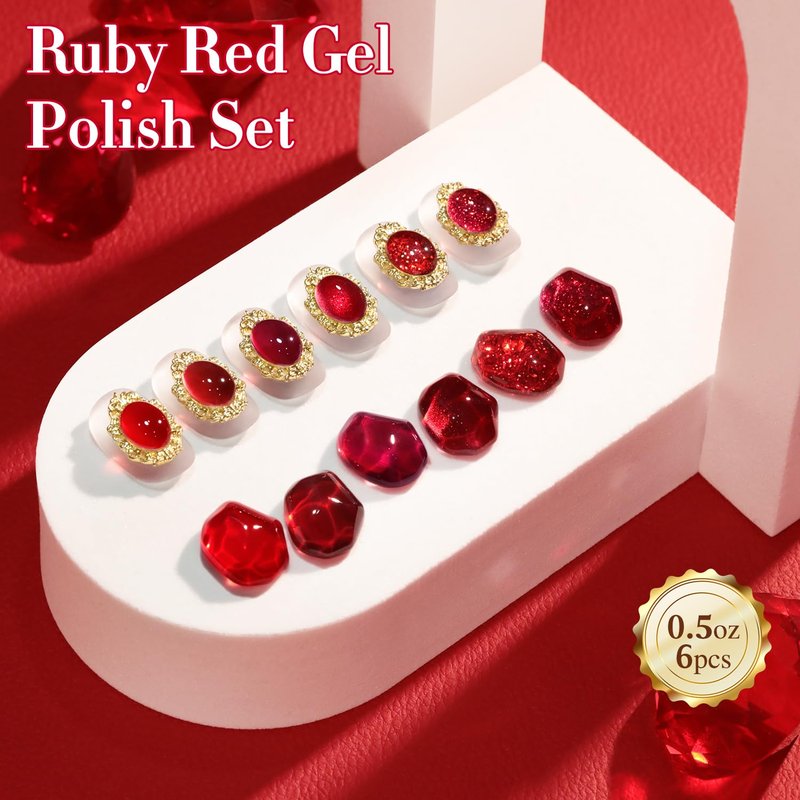 Double Rhythm Gel Polish Set - 6 Pcs 15 ML Soak Off Nail Art Kit | Jelly Burgundy Red & Silver Glitter