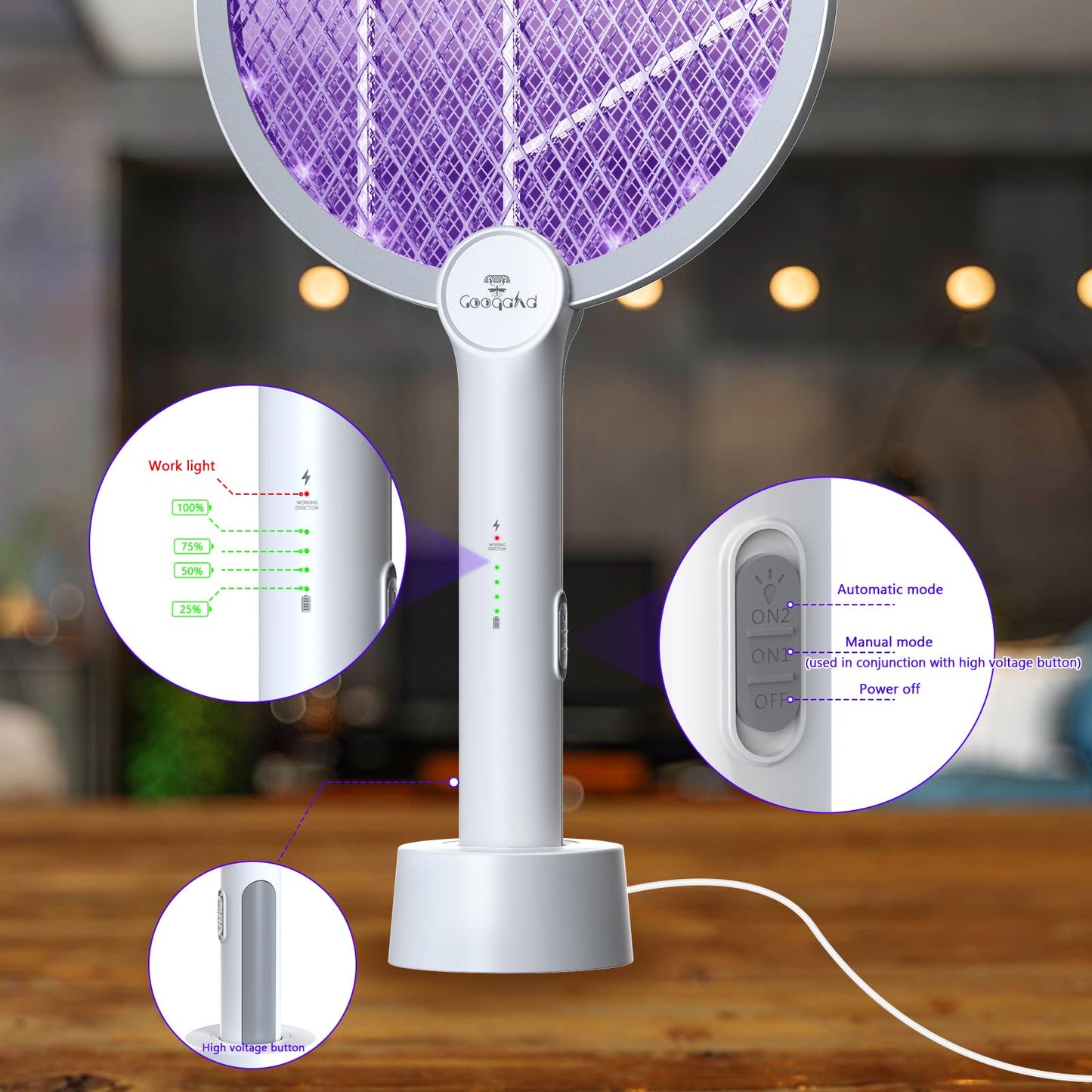 GooQand Bug Zapper Racket, 2 in 1 Mode Electric Fly Swatter USB Rechargeable, 4000V Electric Fly Zapper with 3 Layer Safety Mesh, Indoor Outdoor Electric Racket for Kitchen, Bedroom, Camping