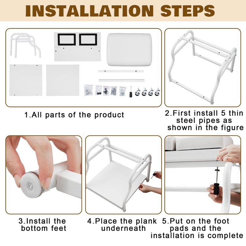Geelin Pedicure Cart Foot Bath Trolley Portable Pedicure Station Beauty Salon Nail Bath Spa Rolling Cart Stand Supplies with Locking Wheels, Adjustable Manicure Foot Massage Stool, PU Cushion(White)
