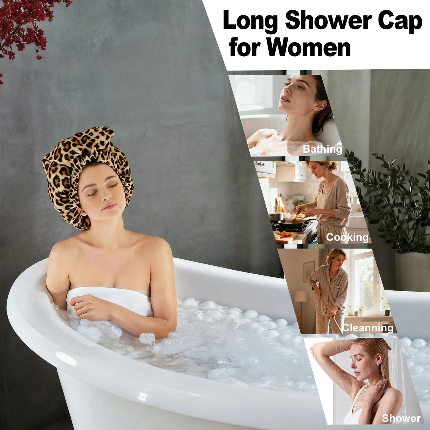 ELEBOX 2 Pack Extra Large Shower Cap for Braids/Curly Hair/Dreadlock | Reusable Waterproof Long Bonnets for Women Shower/Cleaning/Spa | Bathing Cap with Adjustable Drawstring & Button, Black+Leopard