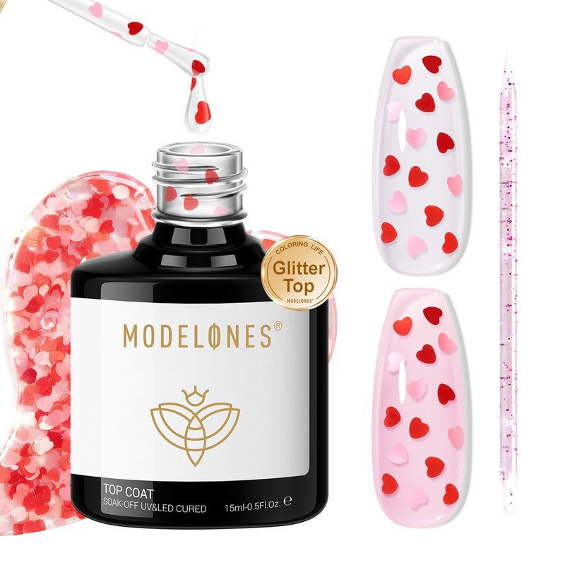 modelones Heart Glitter Gel Top Coat, 15 ML 2 in One No Wipe Clear Gel Nail Polish Red Pink Color Reflective Hearts Sequins Glossy Shine Long Lasting Soak Off Manicure Gift for Women