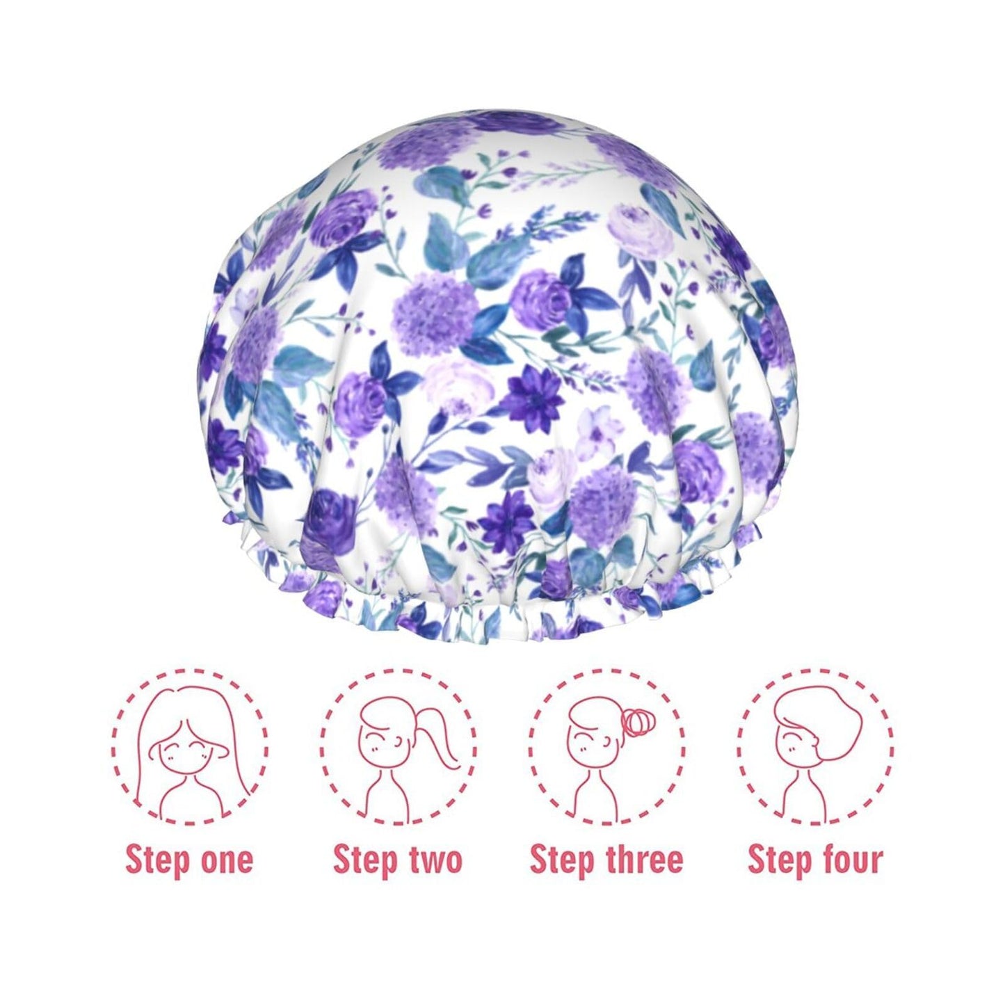 Violet Purple Rose Shower Cap For Women Adjustable Double Waterproof Layers Bathing Shower Hat Hair Protection Reusable Ladies Spa Salon Shower Hat