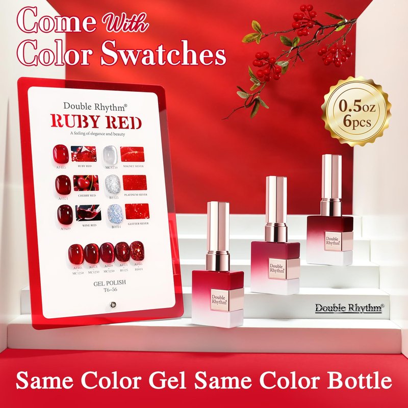 Double Rhythm Gel Polish Set - 6 Pcs 15 ML Soak Off Nail Art Kit | Jelly Burgundy Red & Silver Glitter