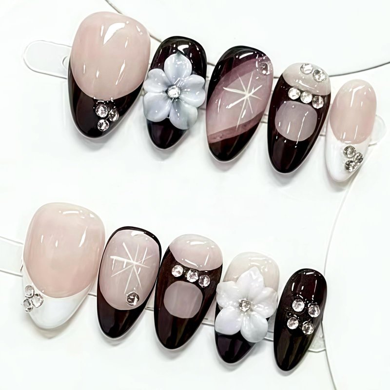 30Pcs Flower Press on Nails Medium Almond Shape Black White French Tip Fake Nails with Rhinestones Designs Glossy Reusable False Nails Acrylic Full Cover Stick on Nails for Women Manicure Tips Set