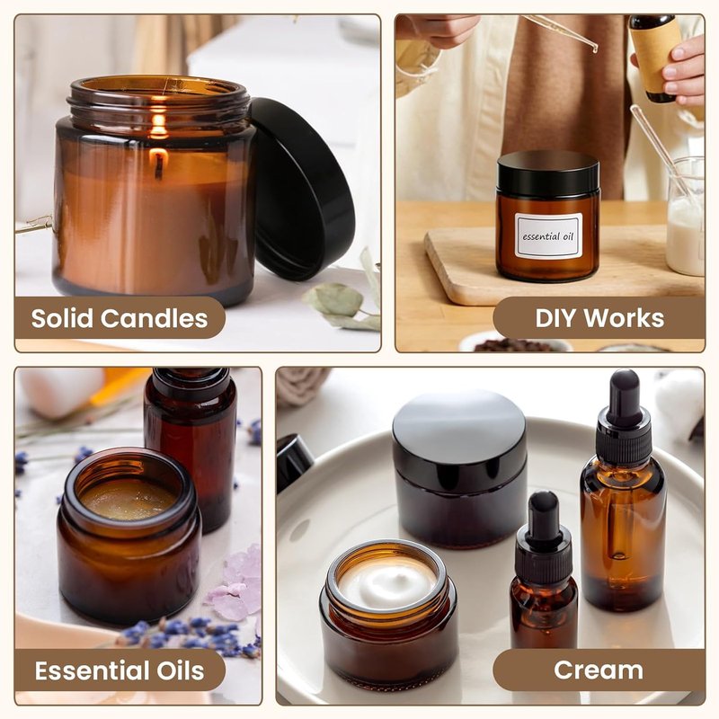 60 Pcs Amber Glass Jars with Lids - Leakproof, UV-Protective Containers for Essential Oils, Spices | 2 oz Size