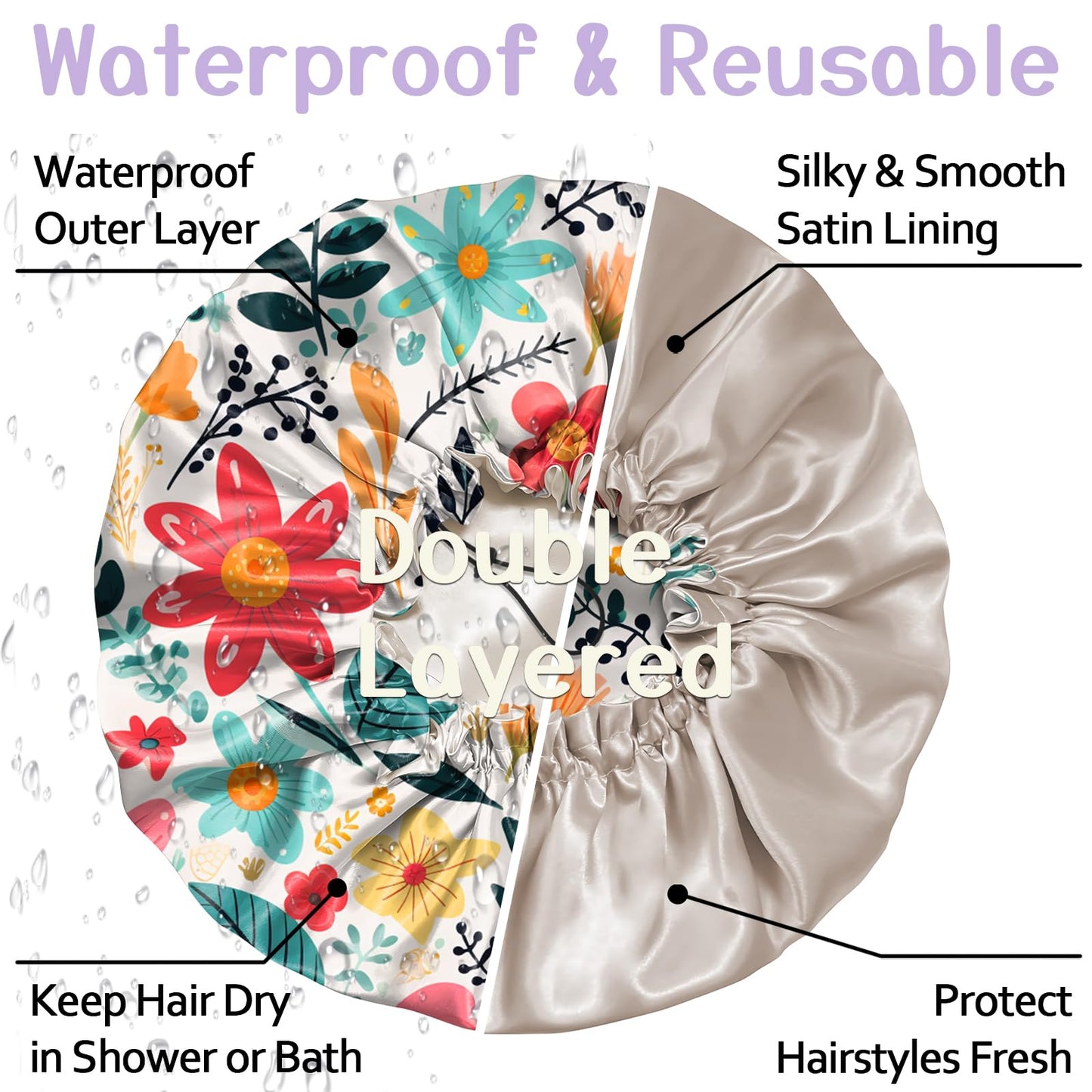 Deokke Luxury Shower Cap Silk Satin Lined Waterproof Reusable Adjustable Elastic Dry Hair Bathing Caps Cute for Women Girls-Red Flower